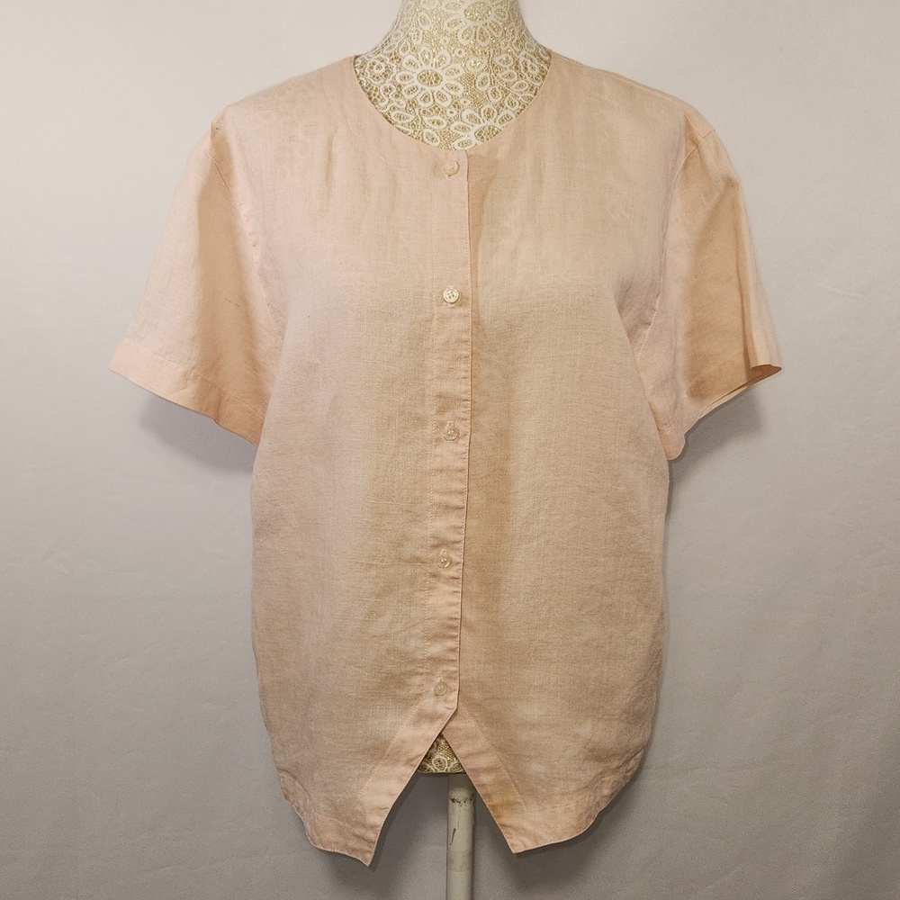 Finity Women's Pastel Pink Short Sleeve 100% Linen Round Neck Button Down SZ M